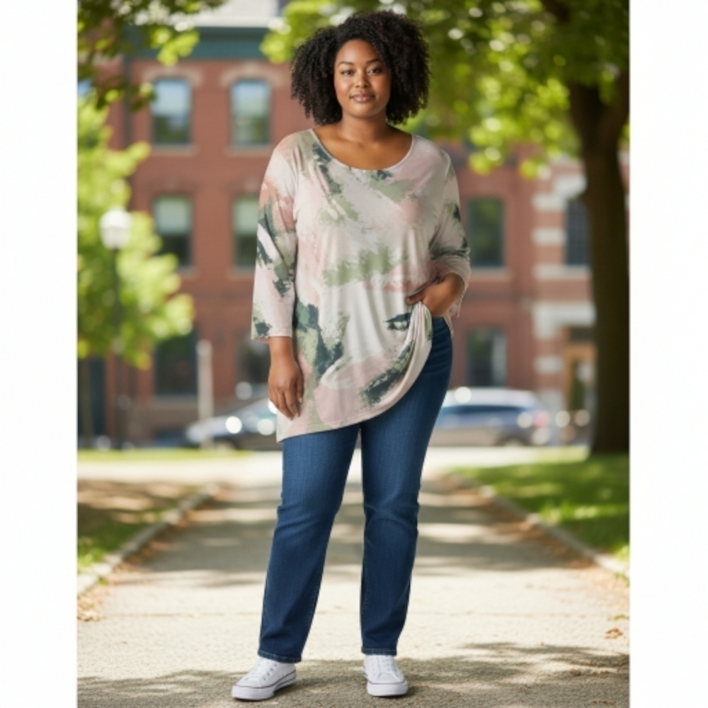 Alfani Women's Size 0X Tie-Dye Pink Green Cream 3/4 Sleeve Top Soft Flowy